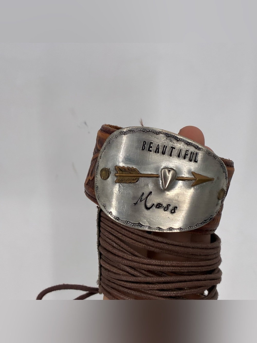 2 Lot Justin Leather Metal Bracelet Western Rodeo Festival Tooled Leather Brown